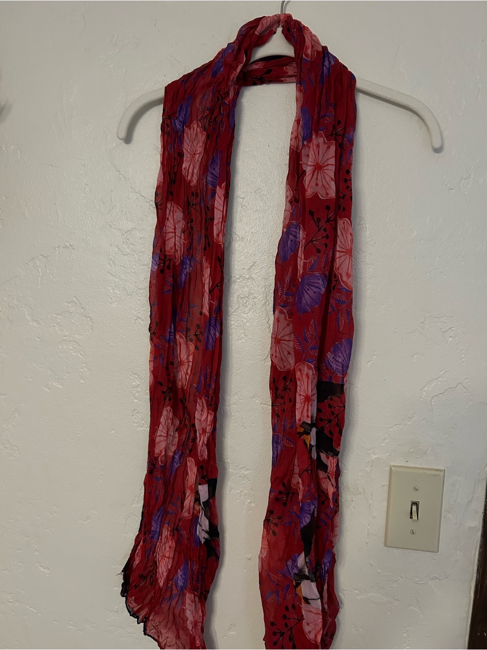 Furla Silk Red Floral Lightweight Scarf with Pink and Purple Blooms